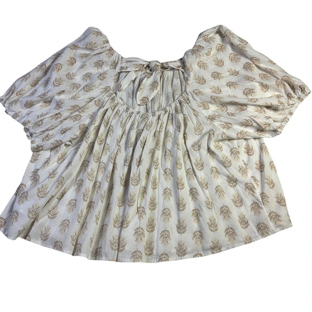 Old Navy Women's 4X Off Shoulder Puff Sleeve Blouse‎ Gold Leaf Print Tie Back